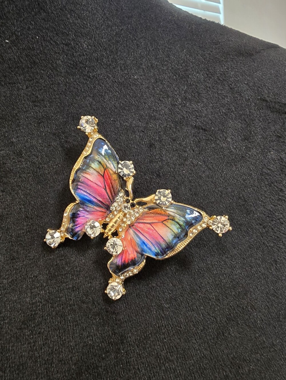 In Honor of Dolly! Butterfly Brooch with Multicolor Enamel Wings and Crystals